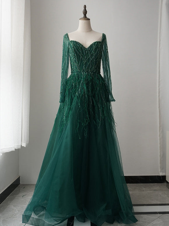 luxurious A-line Long Sleeve Green Long Prom Dress Beaded Evening Dresses GKF009|Selinadress