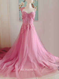 Luxurious Beaded Pink Long Prom Dresses Lace Beaded Princess Dresses Long Formal Dress OSTY057|Selinadress