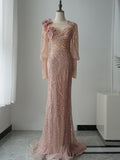 luxurious Mermaid 3d Floral Flower Beaded Long Prom Dress Lantern Sleeve Evening Dresses GKF010|Selinadress