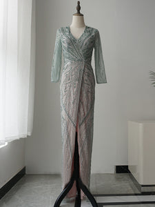 luxurious V neck Beaded Prom Dress Mermaid Thigh Split Evening Dresses GKF013|Selinadress