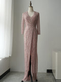 luxurious V neck Beaded Prom Dress Mermaid Thigh Split Evening Dresses GKF013|Selinadress