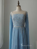 luxury A-line Bateau Long Sleeve Light Sky Blue Long Prom Dress Evening Dress MLH0472|Selinadress