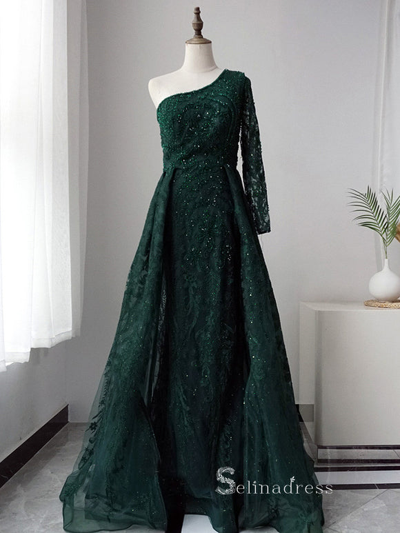 Luxury A-line Embroidery Beaded Dark Green Long Prom Dresses Modest Evening Dresses ASB019|Selinadress