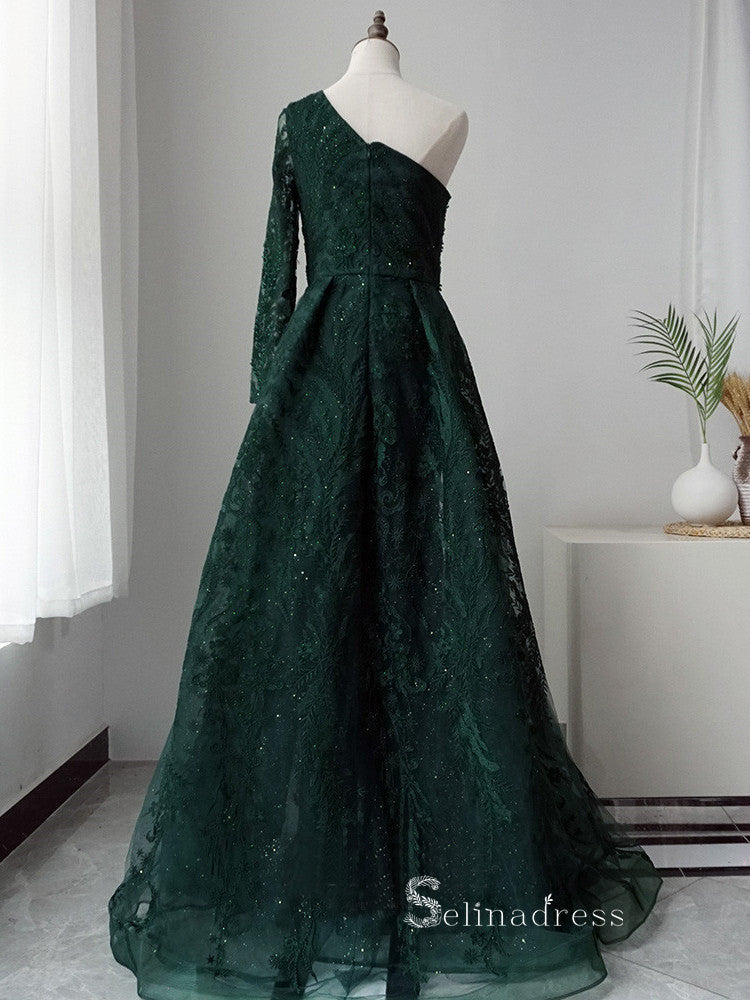 Luxury A-line Embroidery Beaded Dark Green Long Prom Dresses Modest Ev SELINADRESS Luxury A-line Embroidery Beaded Dark Green Long Prom Dresses Modest Ev SELINADRESS