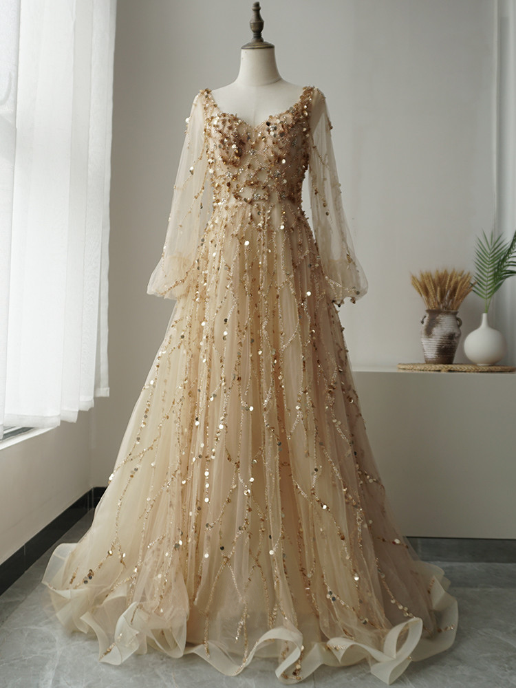 Luxury A-line Hand-stitched Beads Long Prom Dress Gold Long Evening Go SELINADRESS Luxury A-line Hand-stitched Beads Long Prom Dress Gold Long Evening Go SELINADRESS