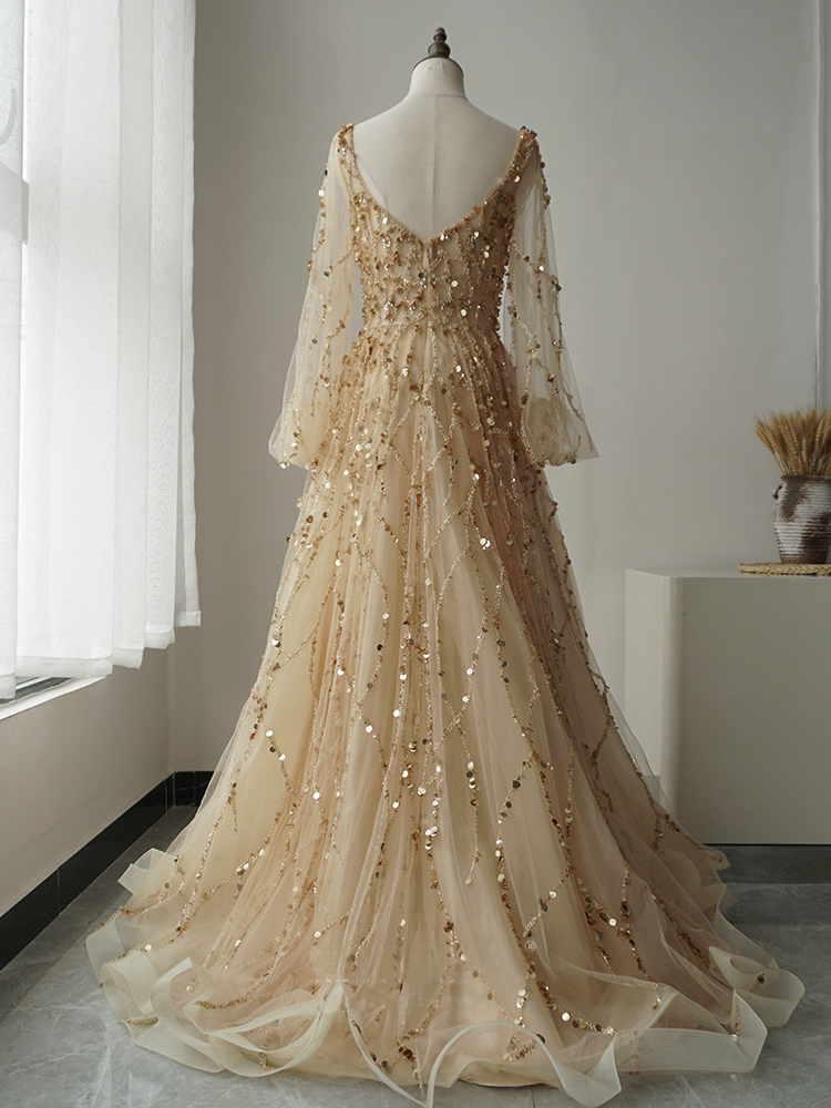 Elegant A-line Sequined Long Sleeves Prom Dress With Beads main image 1