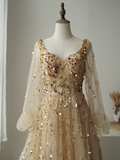 Luxury A-line Hand-stitched Beads Long Prom Dress Gold Long Evening Gowns ASB015|Selinadress