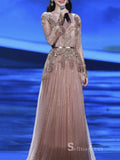 luxury A-line Scoop Long Sleeve Beaded Long Prom Dress Pink Evening Dress MLH0476|Selinadress