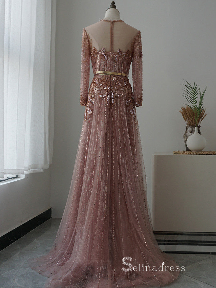 luxury A-line Scoop Long Sleeve Beaded Long Prom Dress Pink Evening Dr SELINADRESS luxury A-line Scoop Long Sleeve Beaded Long Prom Dress Pink Evening Dr SELINADRESS