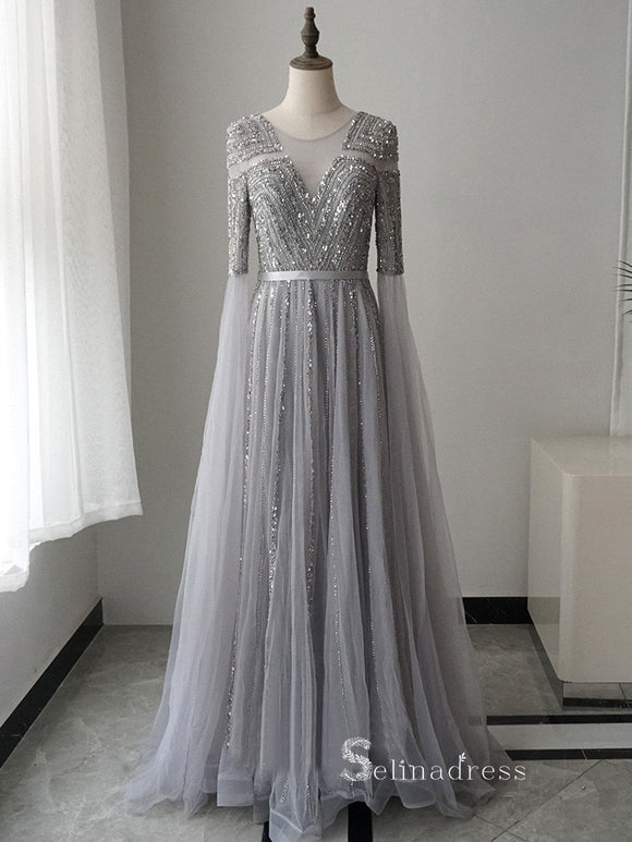 Luxury A-line Scoop Long Sleeve Silver Sparkly Long Prom Dresses Evening Dresses ASB024|Selinadress