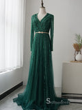 luxury A-line V neck Long Sleeve Beaded Long Prom Dress Green Evening Dress MLH0474|Selinadress