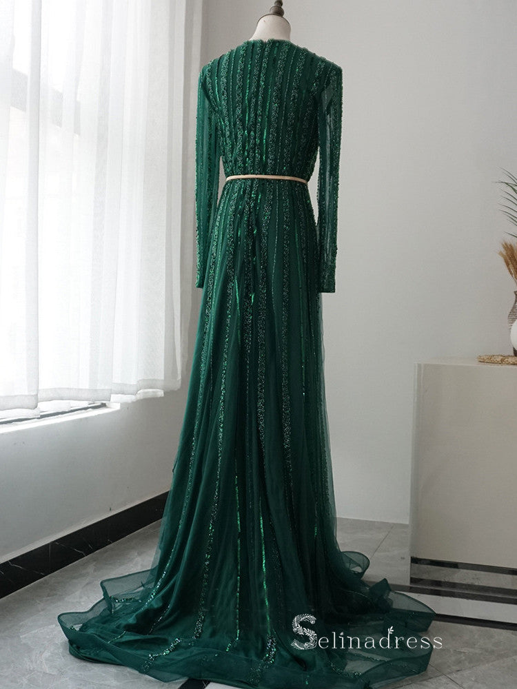 luxury A-line V neck Long Sleeve Beaded Long Prom Dress Green Evening SELINADRESS luxury A-line V neck Long Sleeve Beaded Long Prom Dress Green Evening SELINADRESS