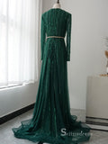 luxury A-line V neck Long Sleeve Beaded Long Prom Dress Green Evening Dress MLH0474|Selinadress