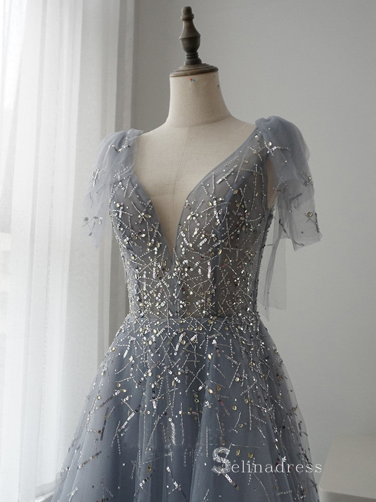 luxury A-line V neck Short Sleeve Silver Long Prom Dress Beaded Evenin SELINADRESS luxury A-line V neck Short Sleeve Silver Long Prom Dress Beaded Evenin SELINADRESS