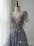 luxury A-line V neck Short Sleeve Silver Long Prom Dress Beaded Evening Dress MLH0473|Selinadress