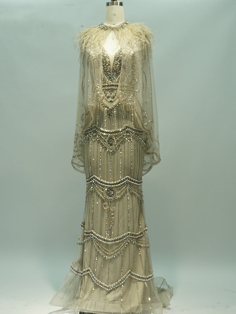 luxury formal dress female evening dress women Luxury Elegant Evening Gown Dress with Long Sheer Sleeves FineLook