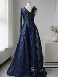 Luxury Long Sleeve Sparkly Beaded Prom Dresses Dark Navy Modest Evening Dresses ASB016|Selinadress