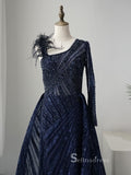 Luxury Long Sleeve Sparkly Beaded Prom Dresses Dark Navy Modest Evening Dresses ASB016|Selinadress