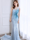 luxury Mermaid Blue Prom Dress Sequins Long Evening Formal Gowns hlkS002|Selinadress