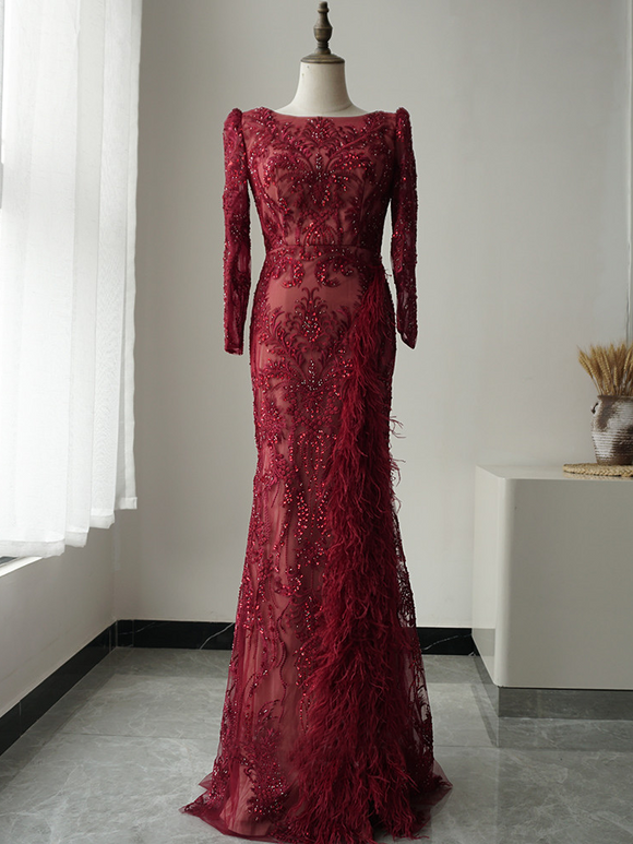 Luxury Mermaid Burgundy Long Prom Dress Beaded Elegant Long Evening Gowns ASB014|Selinadress