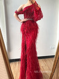 luxury Mermaid Dubai Burgundy Prom Dress Beaded Long Evening Formal Gowns hlkS003|Selinadress