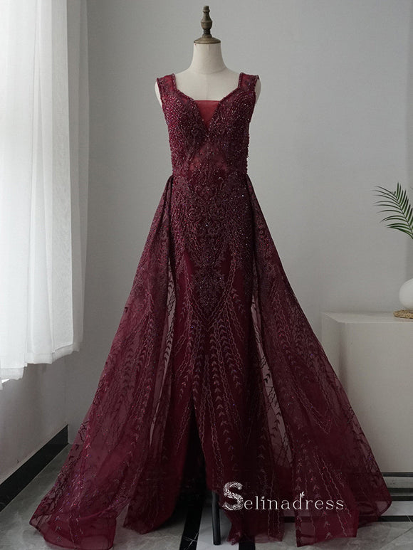 Luxury Mermaid Embroidery Beaded Burgundy Long Prom Dresses Modest Evening Dresses ASB018|Selinadress