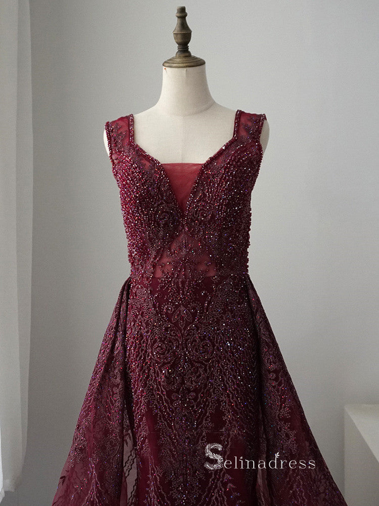 Luxury Mermaid Embroidery Beaded Burgundy Long Prom Dresses Modest Eve SELINADRESS Luxury Mermaid Embroidery Beaded Burgundy Long Prom Dresses Modest Eve SELINADRESS