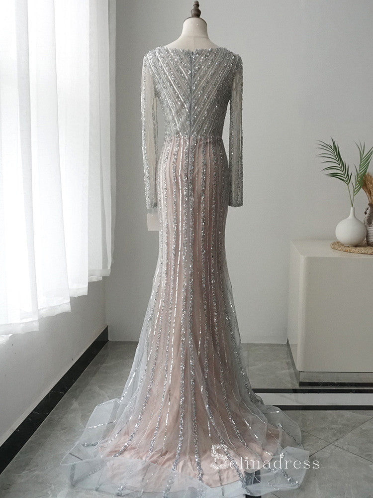 luxury Mermaid Long Sleeve Beaded Prom Dress Silver Long Evening Dress SELINADRESS luxury Mermaid Long Sleeve Beaded Prom Dress Silver Long Evening Dress SELINADRESS