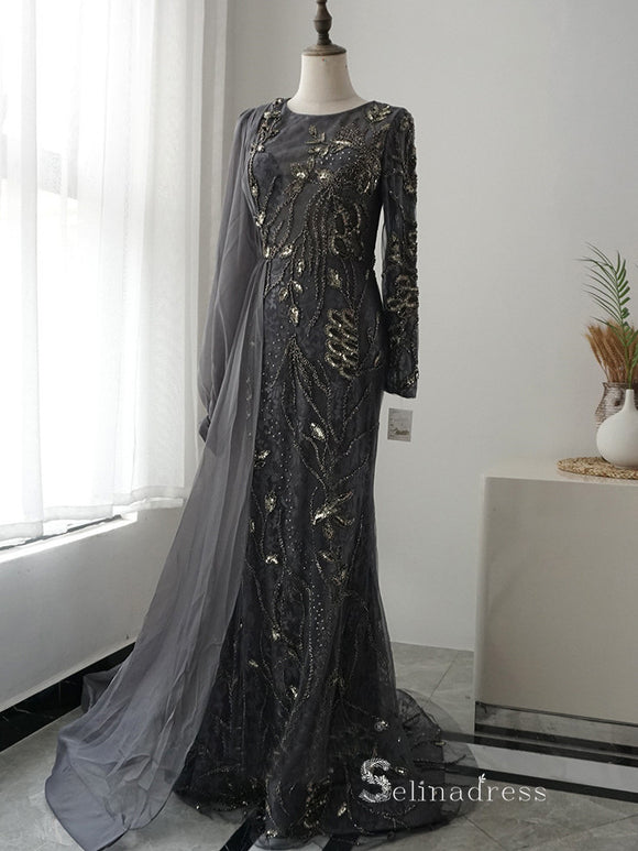 luxury Mermaid Scoop Long Sleeve Beaded Long Prom Dress Gray Evening Dress MLH0475|Selinadress