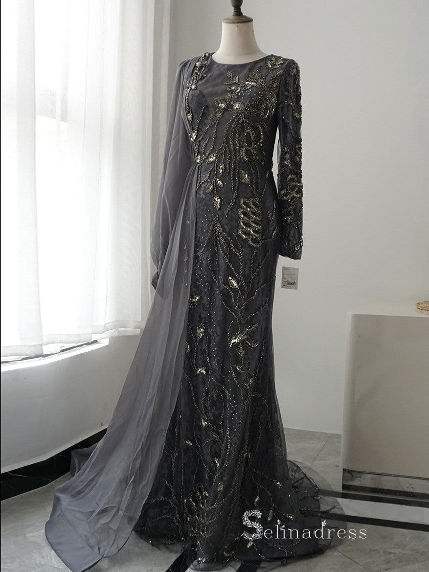 luxury Mermaid Scoop Long Sleeve Beaded Long Prom Dress Gray Evening D SELINADRESS luxury Mermaid Scoop Long Sleeve Beaded Long Prom Dress Gray Evening D SELINADRESS