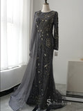 luxury Mermaid Scoop Long Sleeve Beaded Long Prom Dress Gray Evening Dress MLH0475|Selinadress