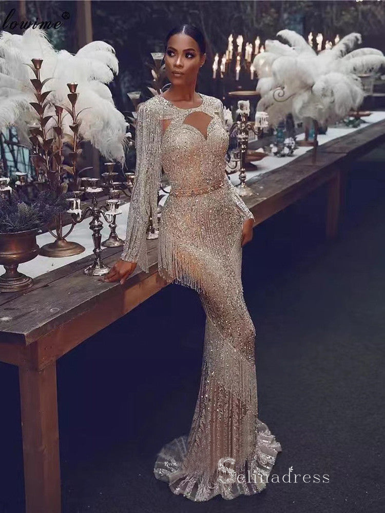 luxury Mermaid Scoop Long Sleeve Beaded Long Prom Dress Sparkly Evenin – SELINADRESS