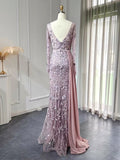 Luxury Mermaid V neck Long Sleeve Prom Dress Lace Beaded Evening Gowns #OPS009|Selinadress