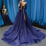 Luxury Navy Blue Long Sleeves Evening Dresses Beading Scoop Neck Formal Gowns #SED216