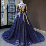Luxury Navy Blue Long Sleeves Evening Dresses Beading Scoop Neck Formal Gowns #SED216