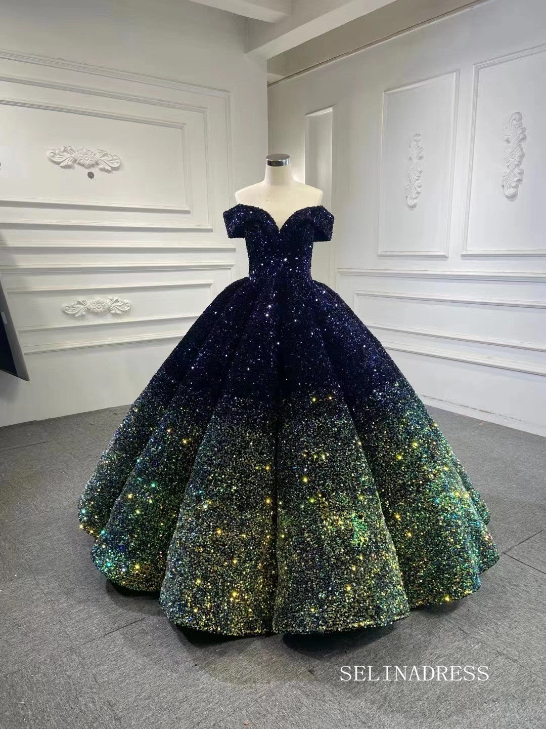Luxury Off-the-shoulder Ball Gown Ombre Sparkly Prom Dress Quincess Dr SELINADRESS Luxury Off-the-shoulder Ball Gown Ombre Sparkly Prom Dress Quincess Dr SELINADRESS