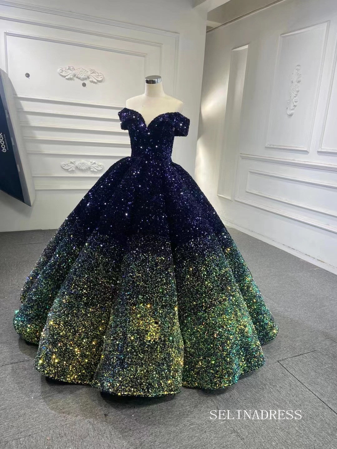 Luxury Off-the-shoulder Ball Gown Ombre Sparkly Prom Dress Quincess Dr SELINADRESS Luxury Off-the-shoulder Ball Gown Ombre Sparkly Prom Dress Quincess Dr SELINADRESS