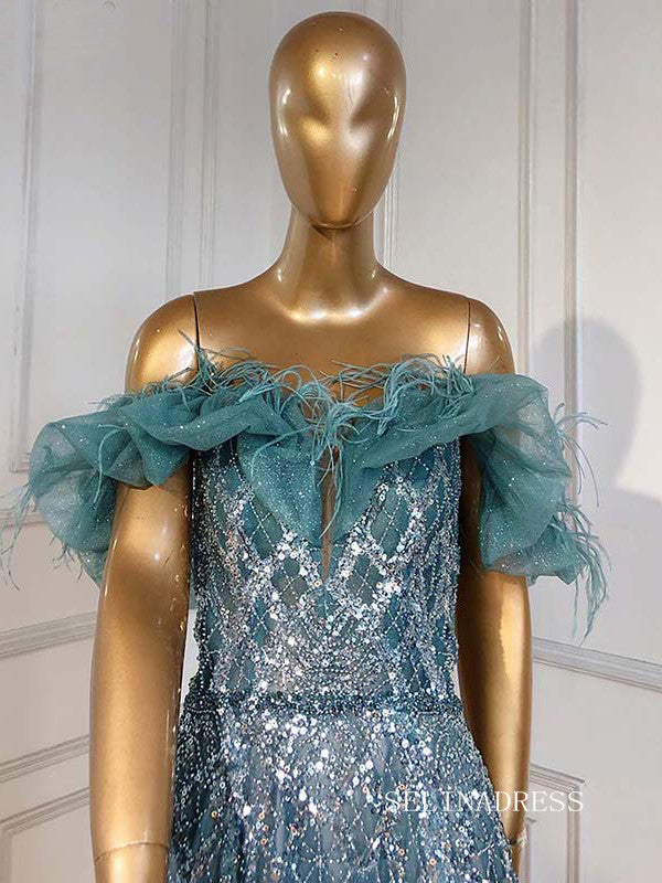 luxury Off-the-shoulder Fantasy Feather Long Prom Dress Dubai Evening SELINADRESS luxury Off-the-shoulder Fantasy Feather Long Prom Dress Dubai Evening SELINADRESS