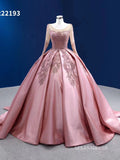 Luxury Scoop Ball Gown Pink Beaded Long Prom Dress Long Sleeve Quincess Dress RSM222193|Selinadress