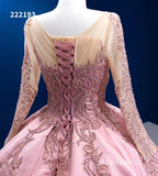 Luxury Scoop Ball Gown Pink Beaded Long Prom Dress Long Sleeve Quincess Dress RSM222193|Selinadress