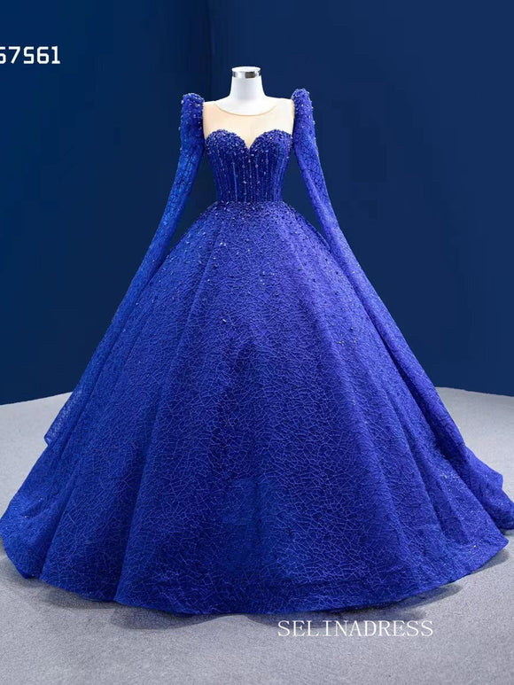 Luxury Scoop Long Sleeve Royal Blue Ball Gown Prom Dress Beaded Quincess Evening Gowns RSM67561|Selinadress