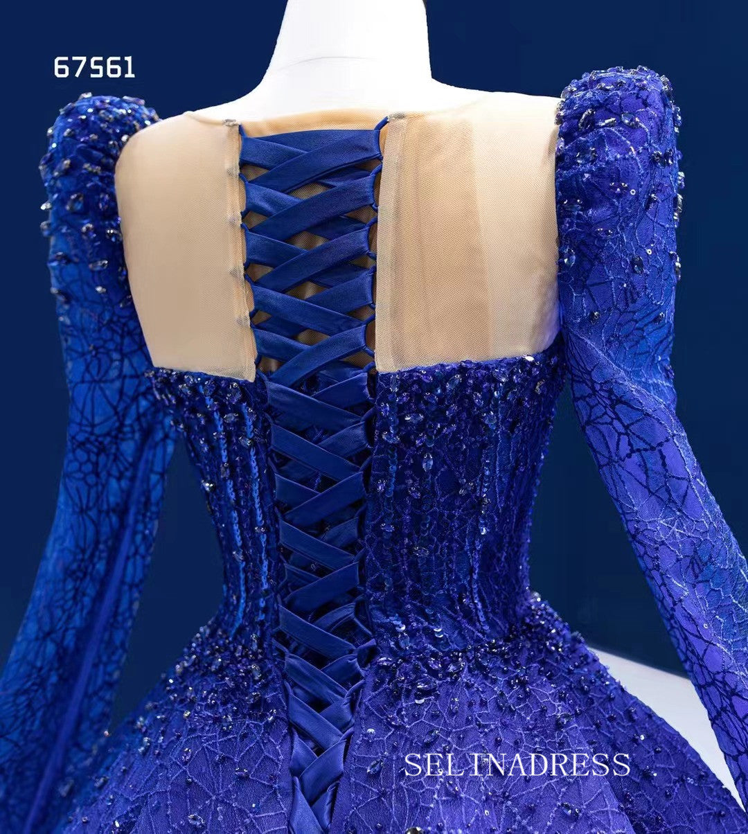 Luxury Scoop Long Sleeve Royal Blue Ball Gown Prom Dress Beaded Quince SELINADRESS Luxury Scoop Long Sleeve Royal Blue Ball Gown Prom Dress Beaded Quince SELINADRESS