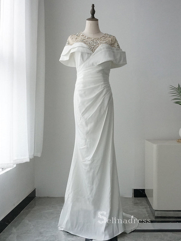 Luxury Scoop Mermaid Beaded Prom Dresses White Modest Evening Dresses ASB017|Selinadress
