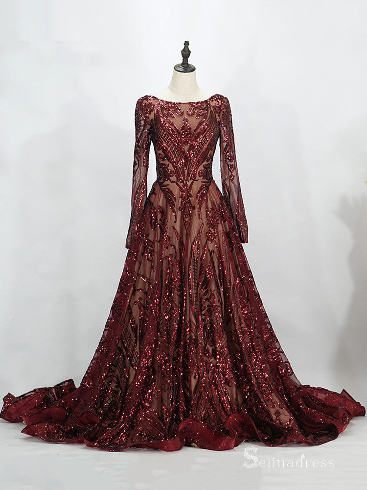 Luxury Sequins Sweep Train Long Sleeve Plus Size Prom Dress Formal Eve SELINADRESS Luxury Sequins Sweep Train Long Sleeve Plus Size Prom Dress Formal Eve SELINADRESS