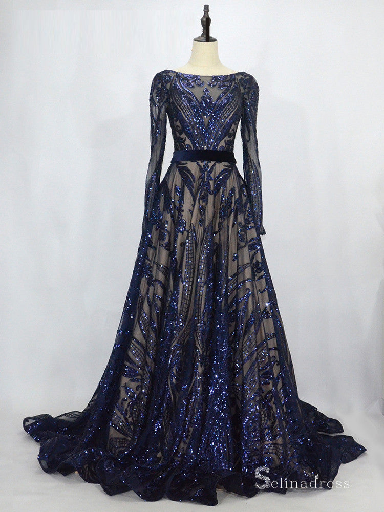 Luxury Sequins Sweep Train Long Sleeve Plus Size Prom Dress Formal Eve SELINADRESS Luxury Sequins Sweep Train Long Sleeve Plus Size Prom Dress Formal Eve SELINADRESS