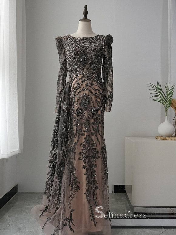 Luxury Sheath/Column Long Sleeve Black Embroidery Beaded Long Prom Dresses Evening Dresses ASB020|Selinadress
