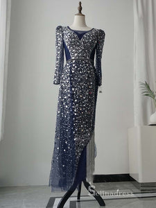 luxury Sheath/Column Square Neck Long Sleeve Beaded Prom Dress Evening Dress MLH0471|Selinadress