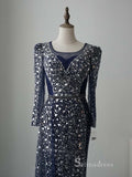 luxury Sheath/Column Square Neck Long Sleeve Beaded Prom Dress Evening Dress MLH0471|Selinadress