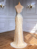 luxury Spaghetti Straps Mermaid Feather Long Prom Dress Dubai Evening Formal Gowns hlkS006