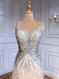 luxury Spaghetti Straps Mermaid Feather Long Prom Dress Dubai Evening Formal Gowns hlkS006